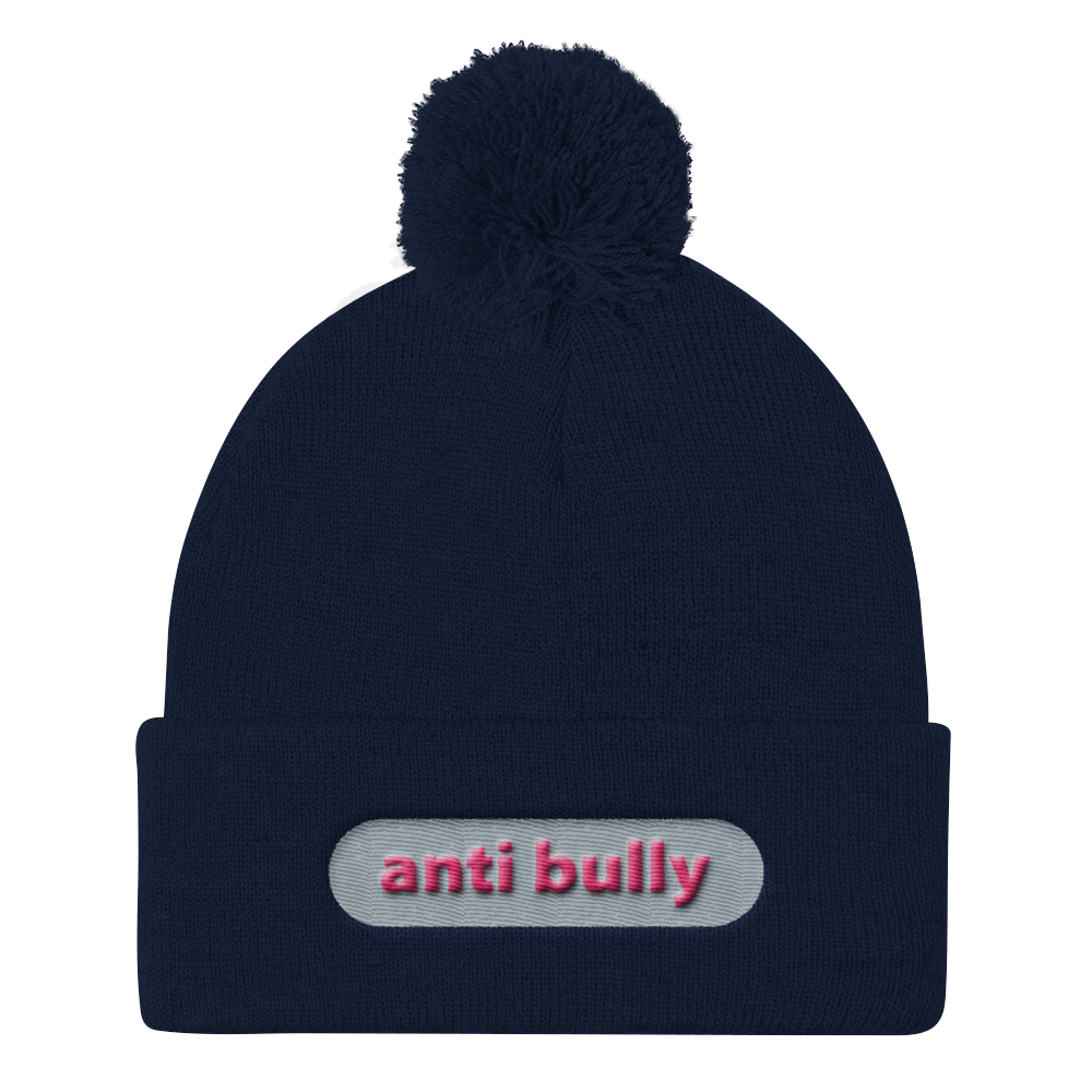 anti bully embroidered beanie caps pink lettering on grey 