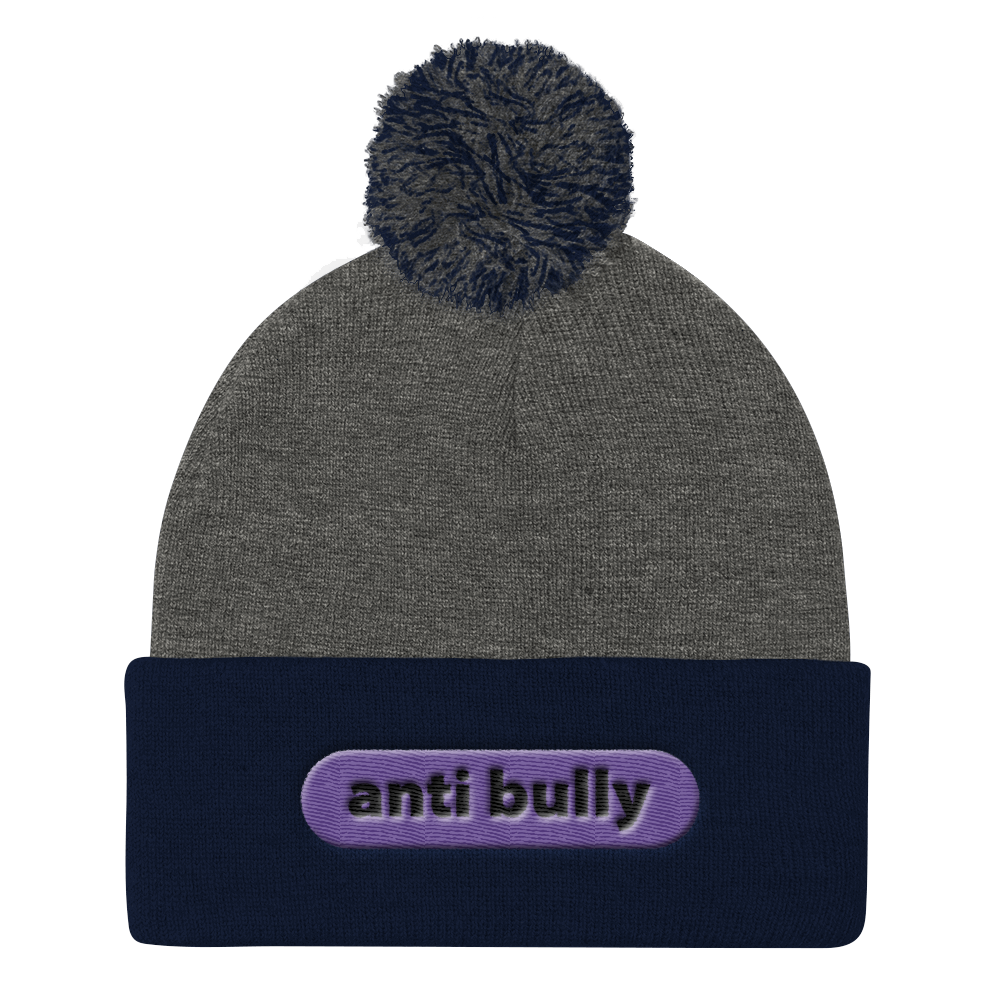 anti bully embroidered beanie caps black lettering on grey