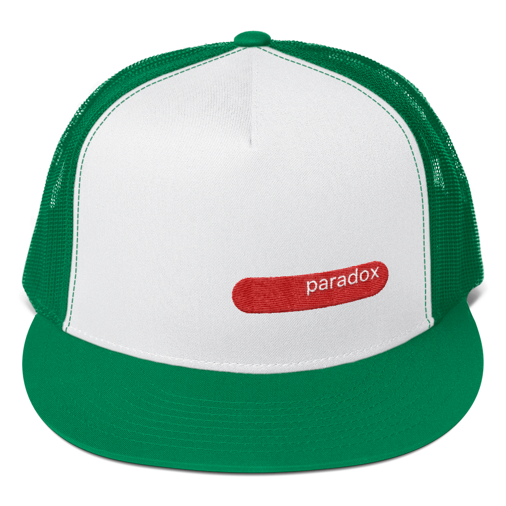 paradox embroidered trucker caps white lettering on red
