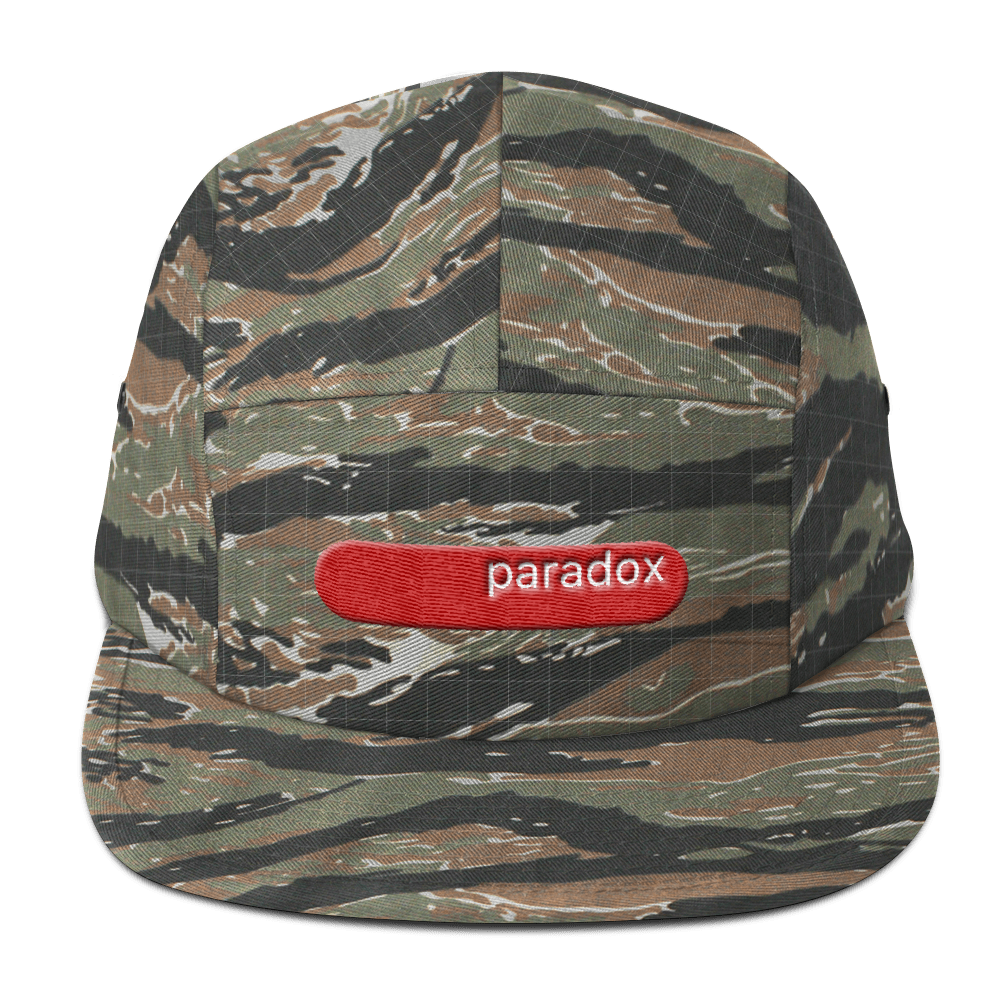 paradox embroidered five panel caps white lettering on red