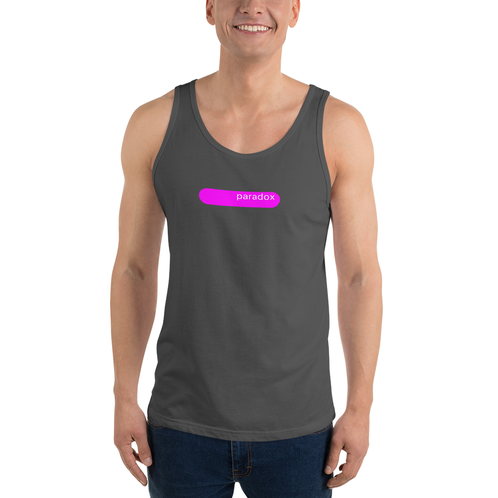 paradox tanks white lettering on pink background