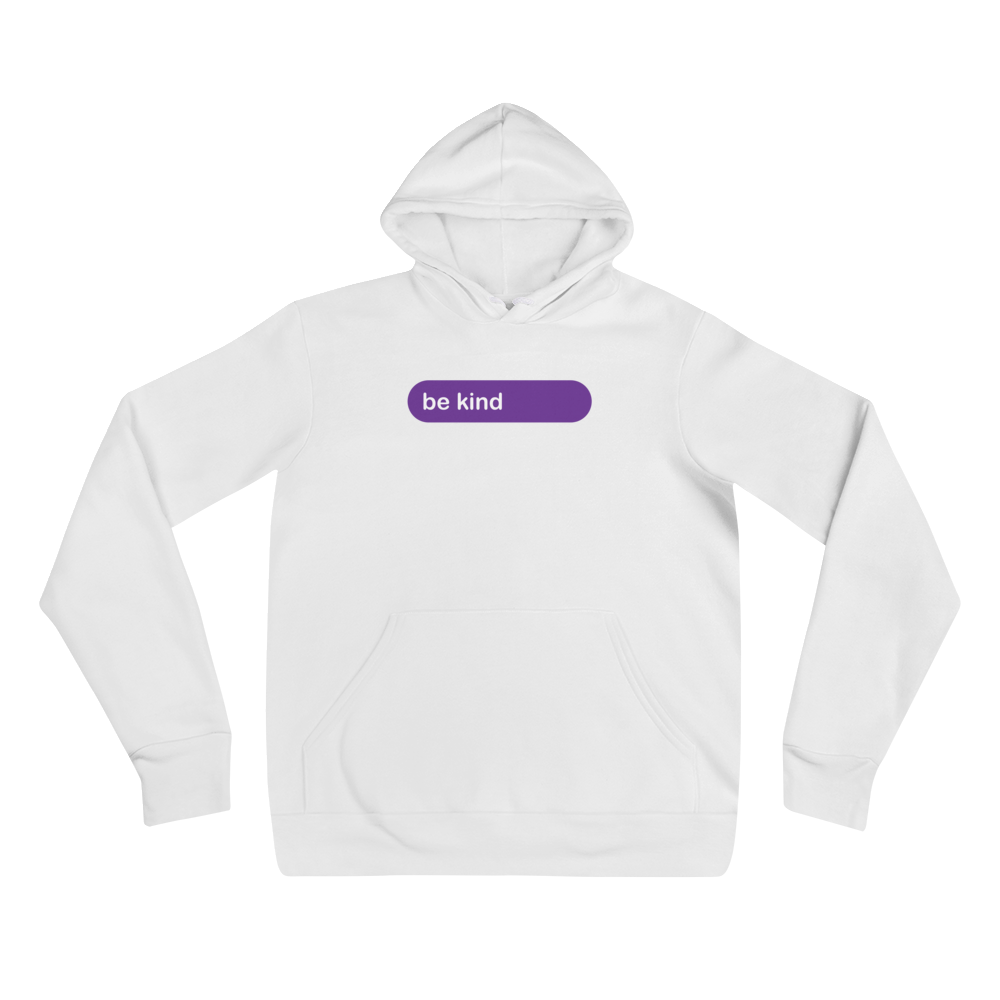 be kind fleece pullover hoodie white &amp; purple graphic