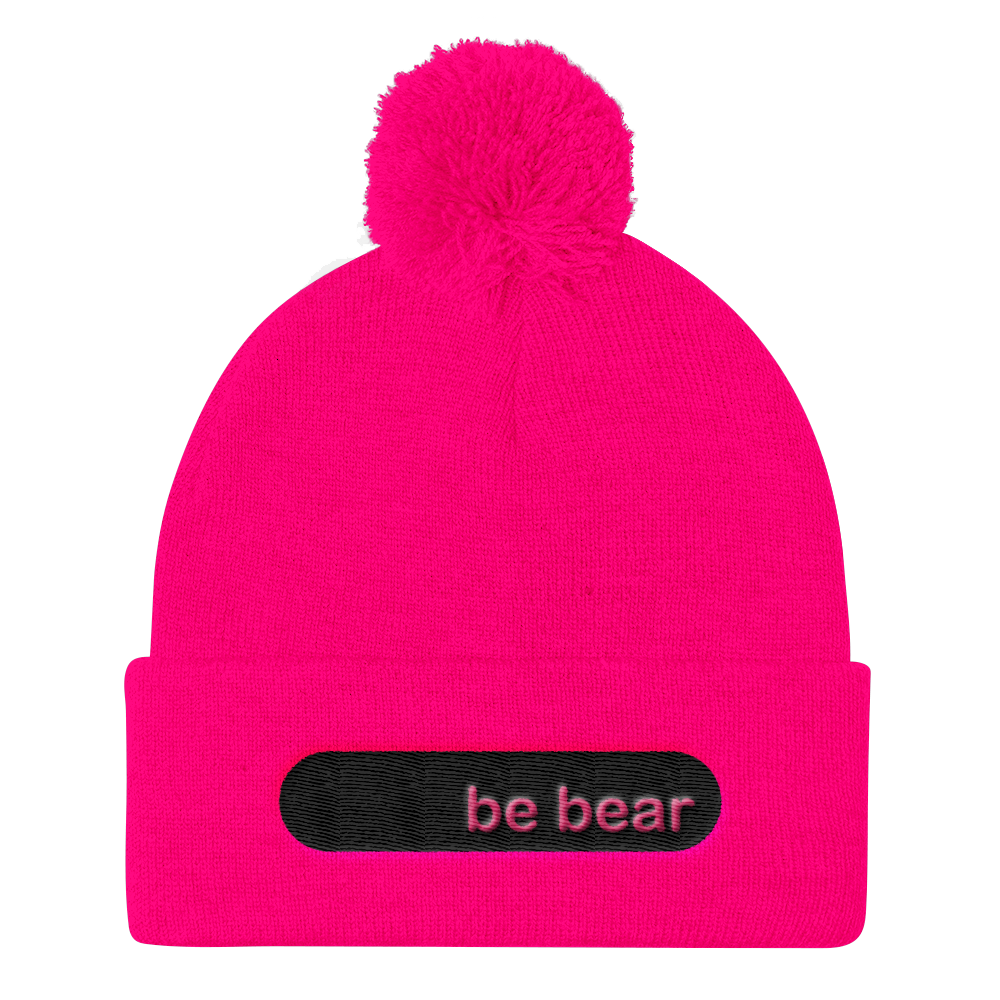be bear embroidered beanie caps pink lettering on black 