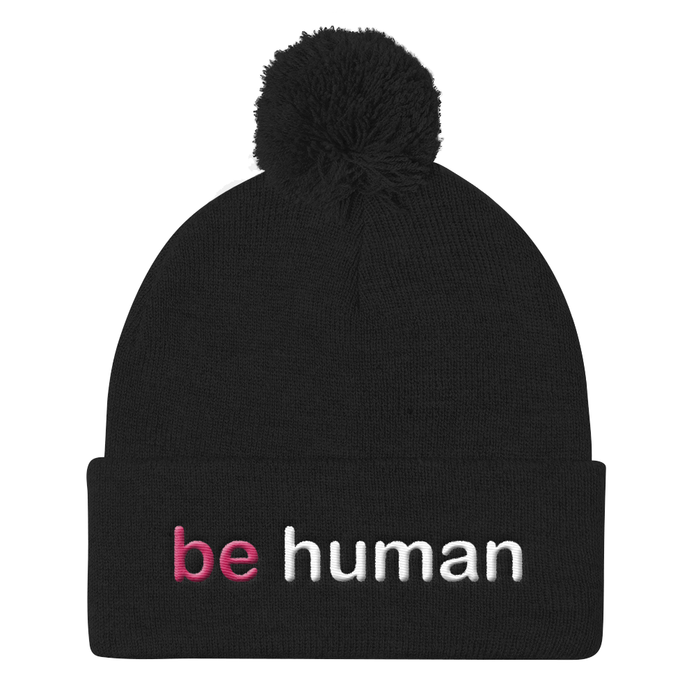 be human embroidered beanie caps pink and white
