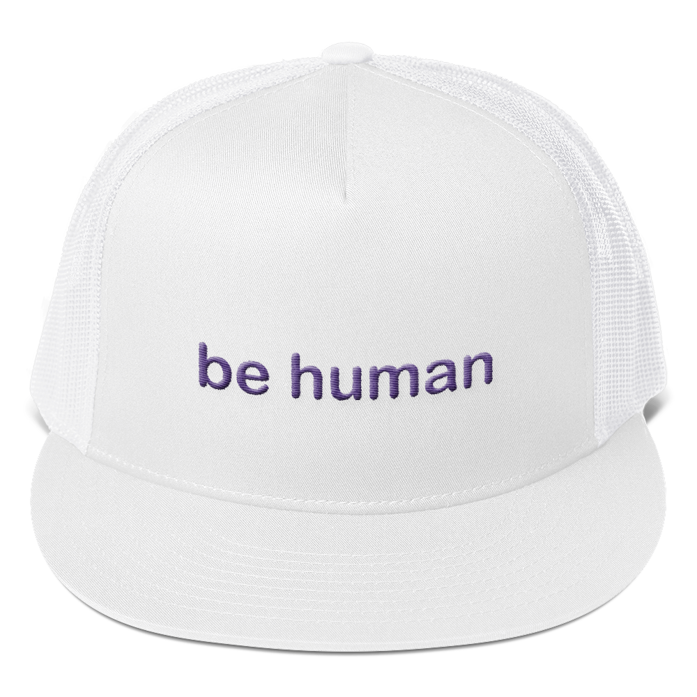 be human embroidered trucker caps purple lettering
