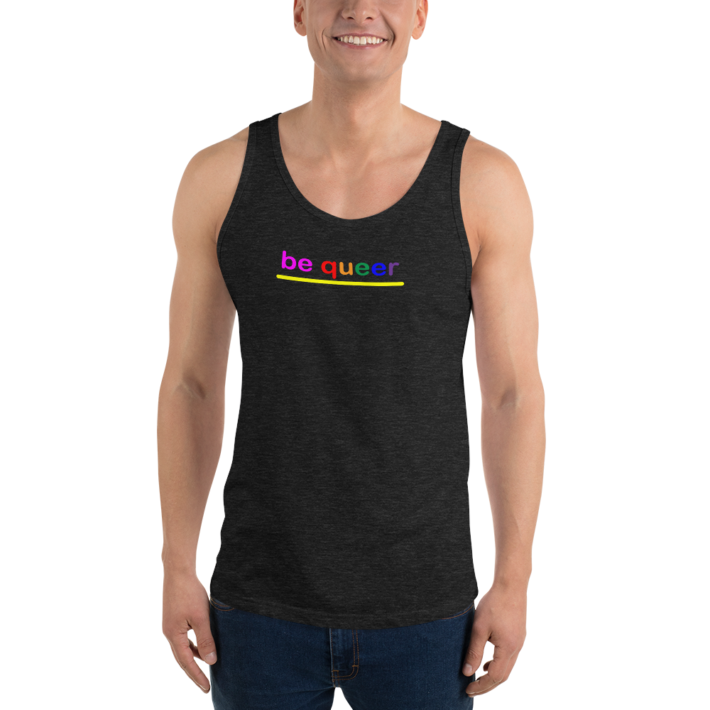 be queer rainbow graphic tanks