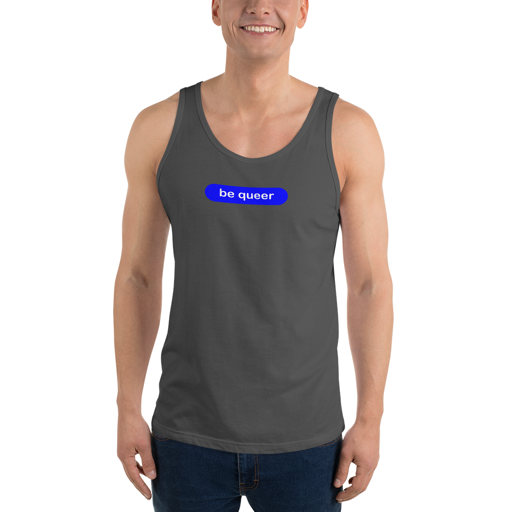 be queer blue and white graphic tanks