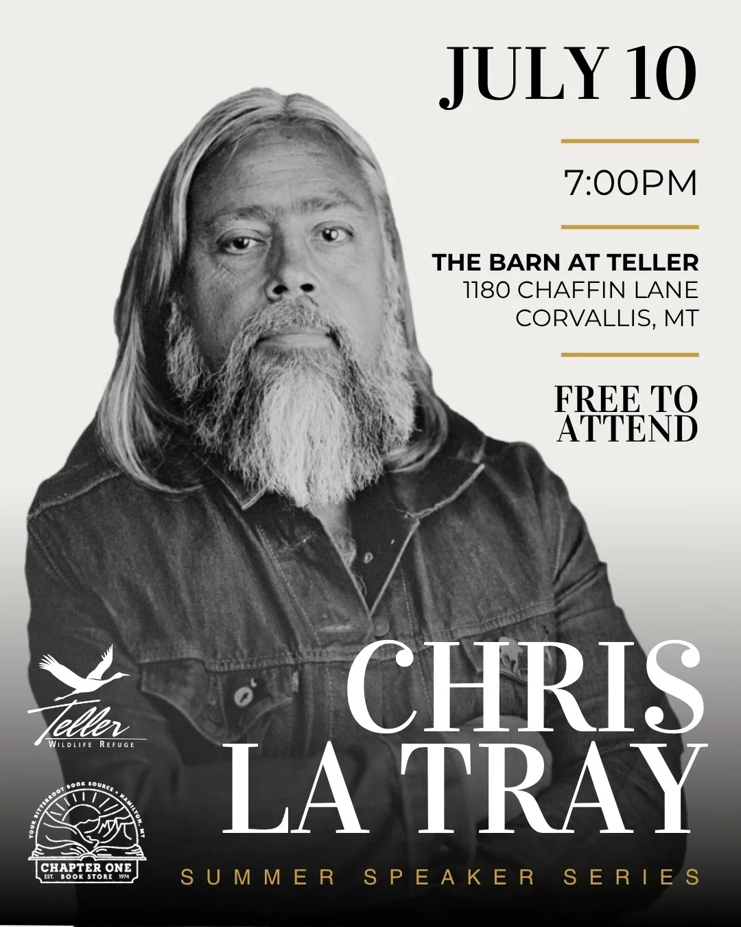 We&rsquo;re thrilled to partner with @chapter1bookstore to welcome M&eacute;tis storyteller and Montana Poet Laureate, Chris La Tray, for our next Summer Speaker Series event. Join us for an inspiring evening as Chris shares stories and reads from hi