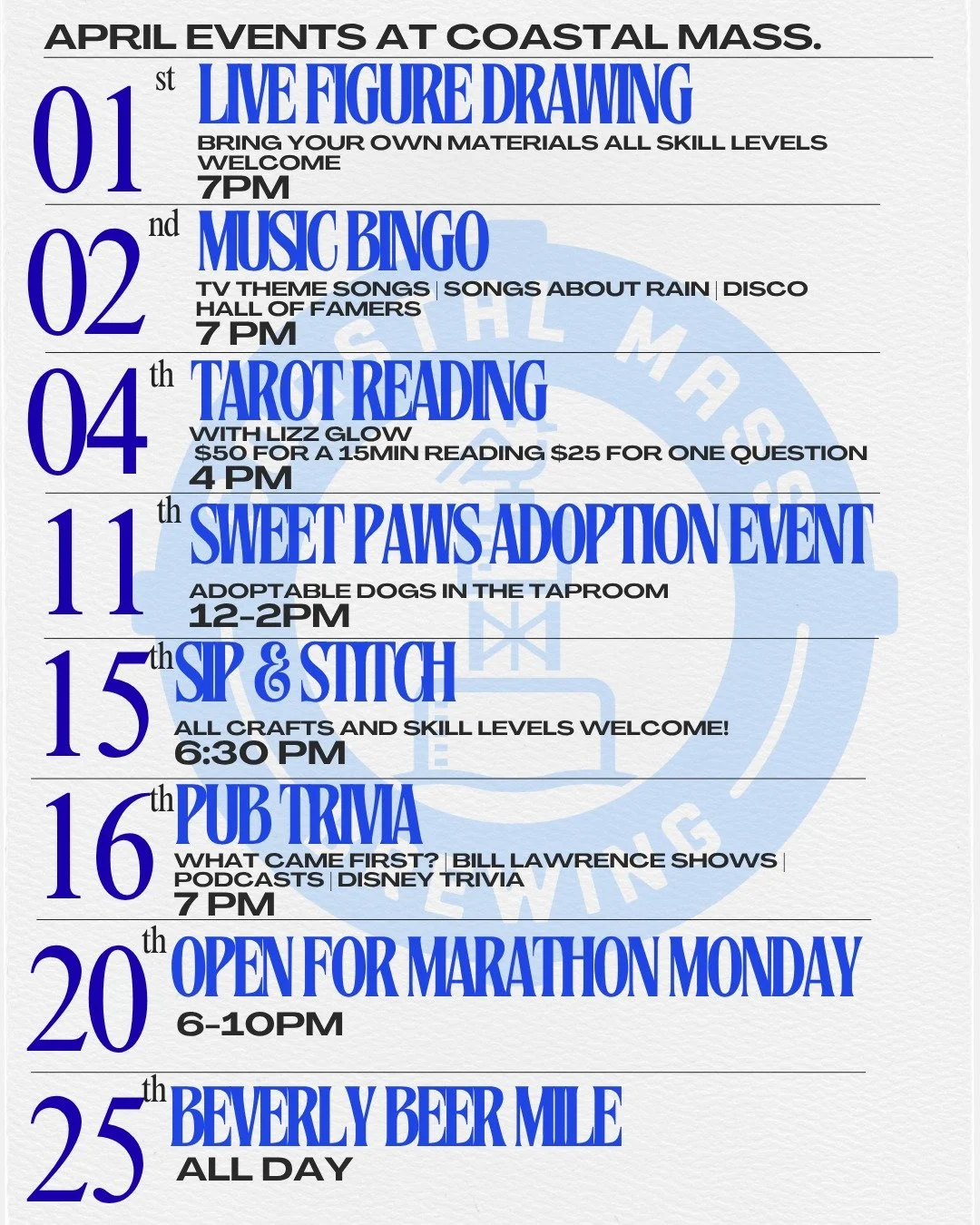 We have a ton of fun things going on in April! Mark your calendars! Cheers!
#thingstodo #beverly #brewery #craftbeer #drinklocal