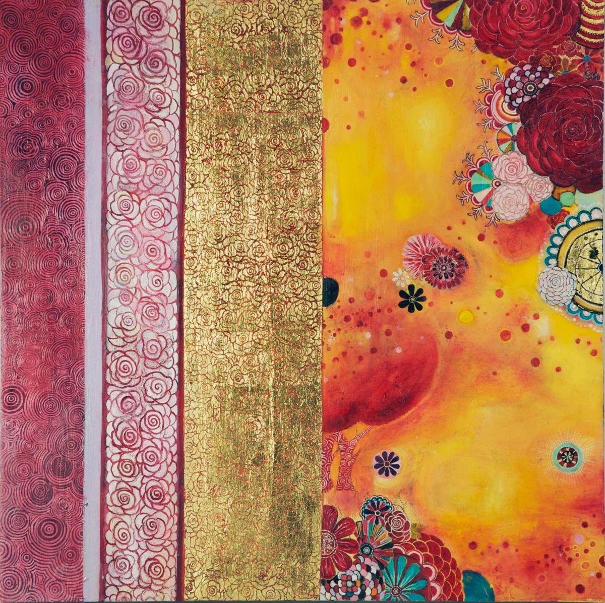 Forest Fire with Golden Roses Oil, graphite, gold leaf on canvas 36" x 36"
