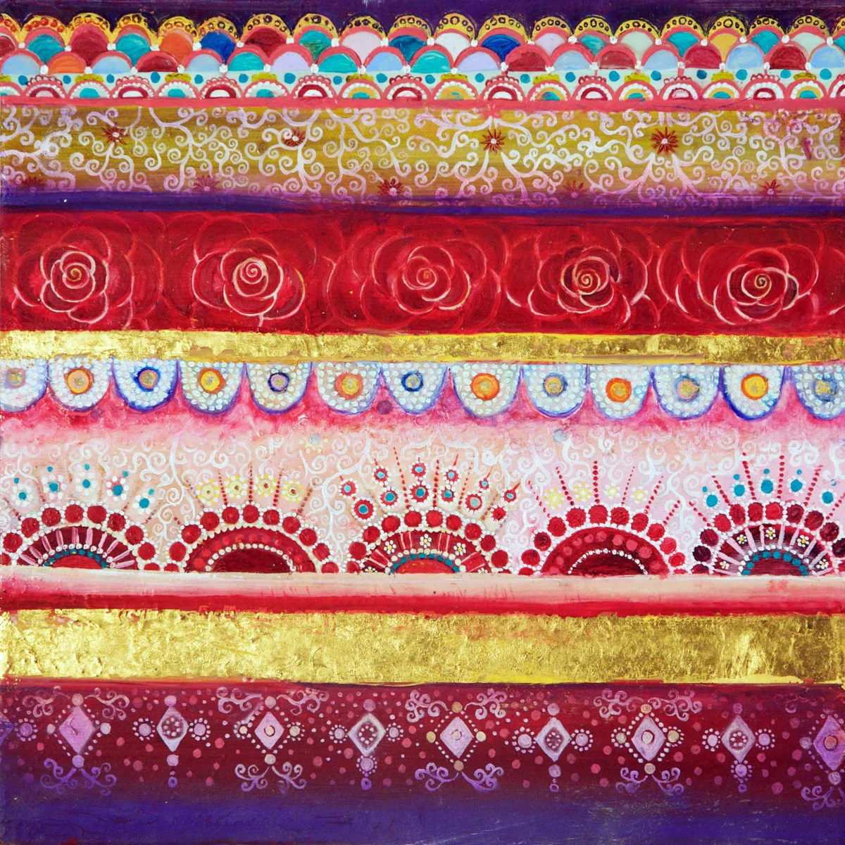 Horizontal Tapestry (Red) Oil, gold leaf, beeswax on canvas 14" x 14"