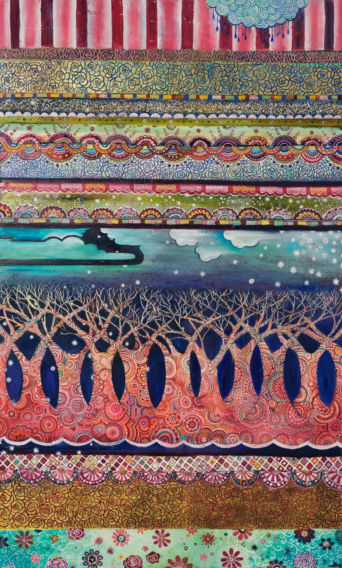 Interlocking Forest with Rain Oil, graphite, gold leaf on canvas 36" x 60" / SOLD