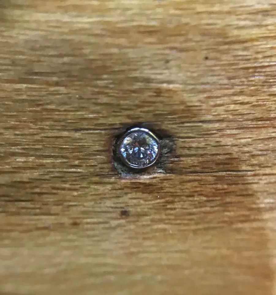 Early Ludwig hoops, Hearts & Arrows Diamonds bezel set in 14K gold to fill the old strainer holes.