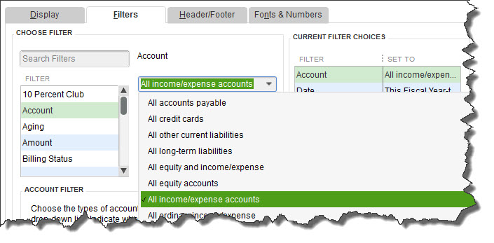QuickBooks report Filters screen