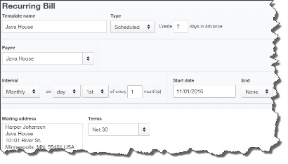 Before you can pay a bill, you must create a template and enter its details. You can even set up payments to recur, as shown here.