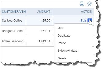 The Recurring Transactions screen gives you an overview of the templates you’ve created and provides links to action options.