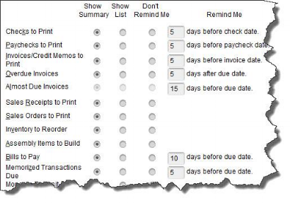 If you want Reminders for memorized transactions, you’ll need to tell QuickBooks what your Preferences are.