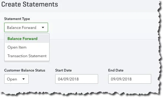 Balance Forward statements cover a period of transactions that you define.