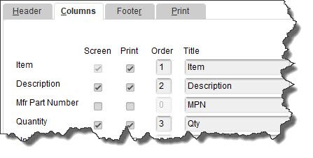 You’ll check and uncheck boxes to indicate the fields you want to appear in the Header , Columns , and Footer of your estimates.