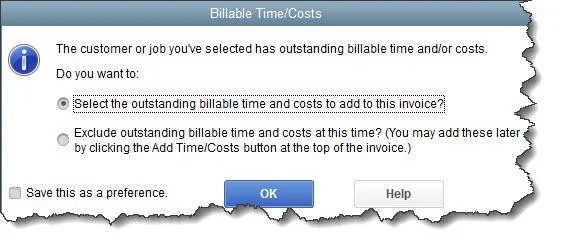 When you create an invoice for a CUSTOMER:JOB who has billable time, mileage, or other expenses, QuickBooks can automatically add them.
