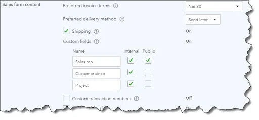 QuickBooks Online lets you turn fields on and off in your sales forms and specify other preferences.