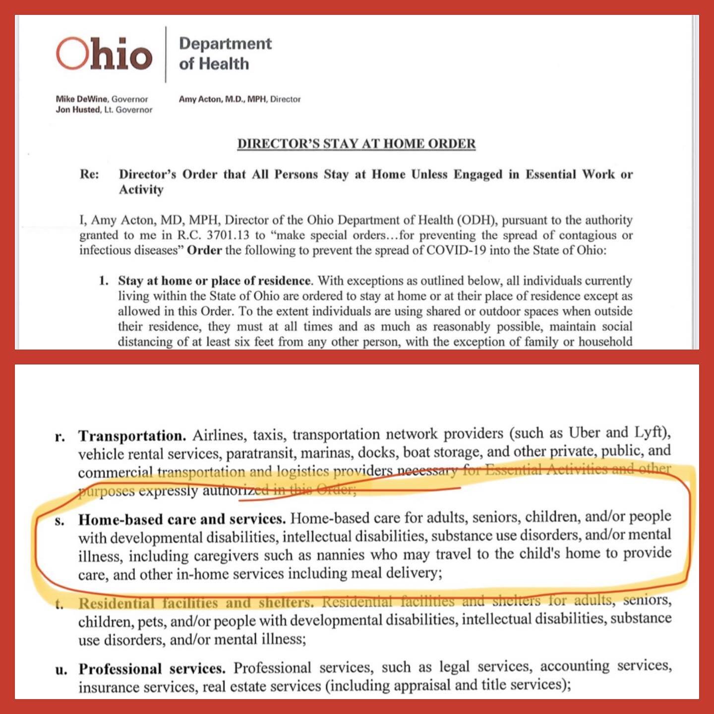 As you have probably heard, the Director of the Ohio Department of Health today issued a &quot;Stay at Home Order&quot; which goes into effect at 11:59 p.m. on Monday, March 23, 2020 and lasts until 11:59 p.m. on April 6, 2020. 
HOWEVER home daycares