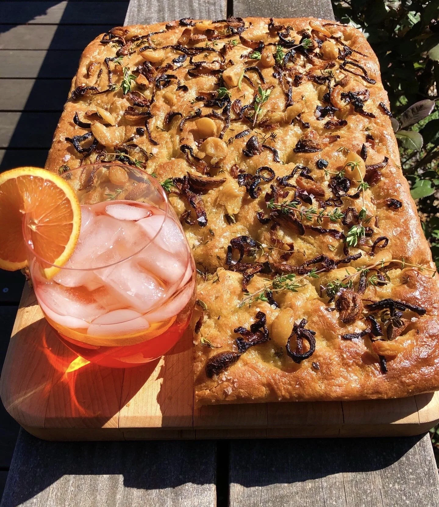 April 2 – Aperol Spritz &amp; Focaccia with Roasted Garlic, Thyme, and Caramelized Onions