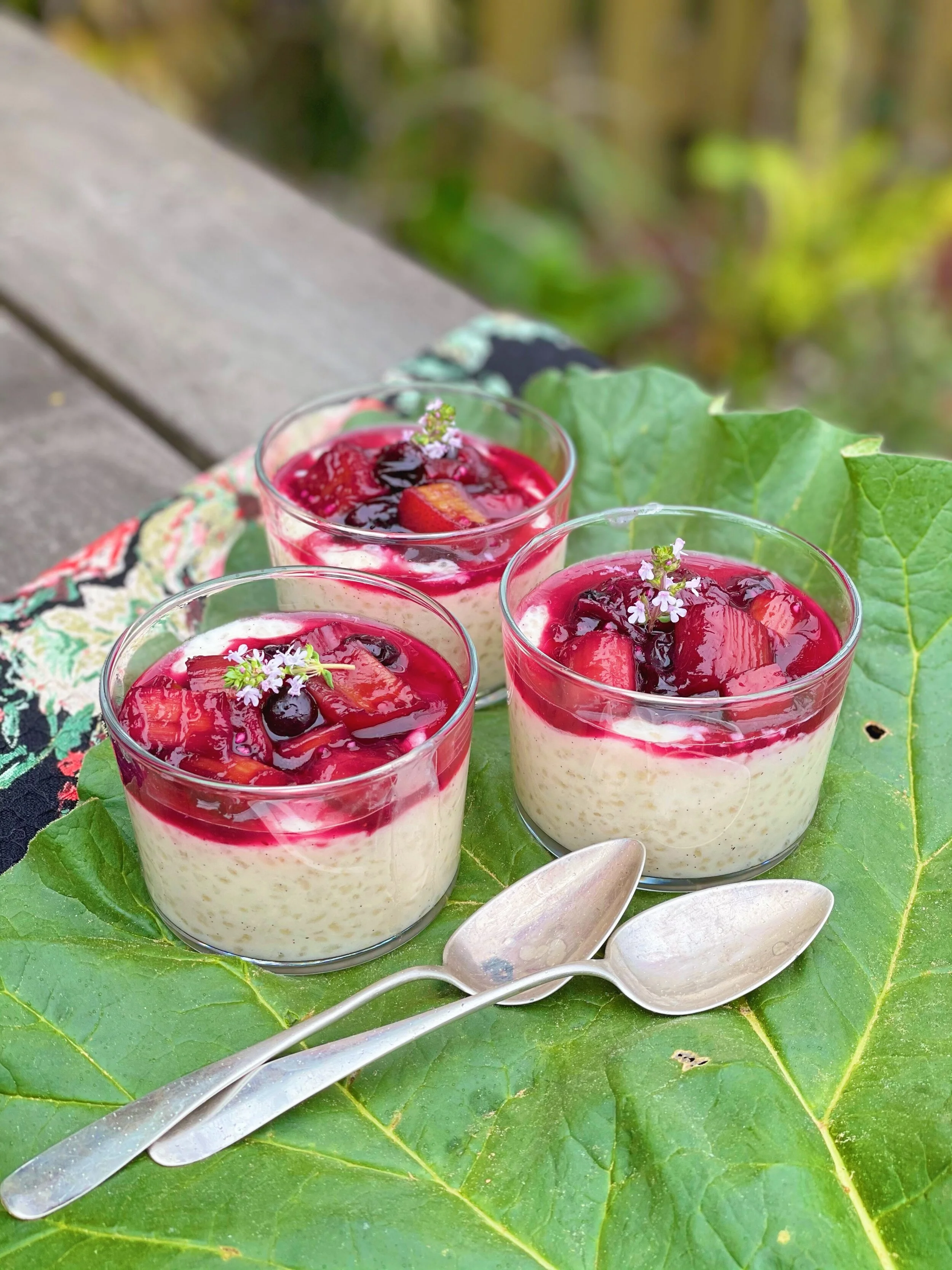 Quick Tapioca Pudding with Rhubarb Blueberry Compote