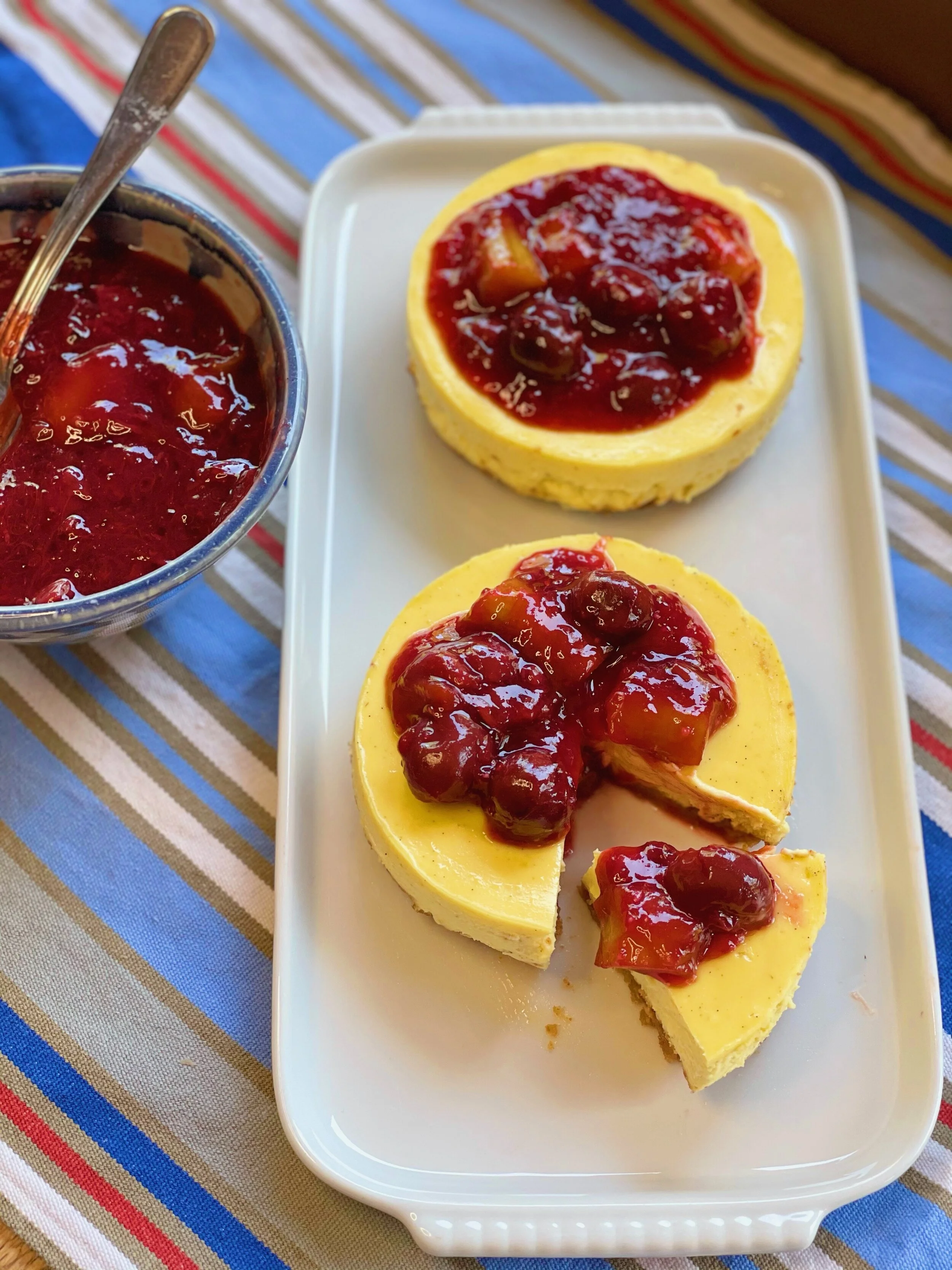 Mini Cheesecakes with Cherry Rhubarb Compote