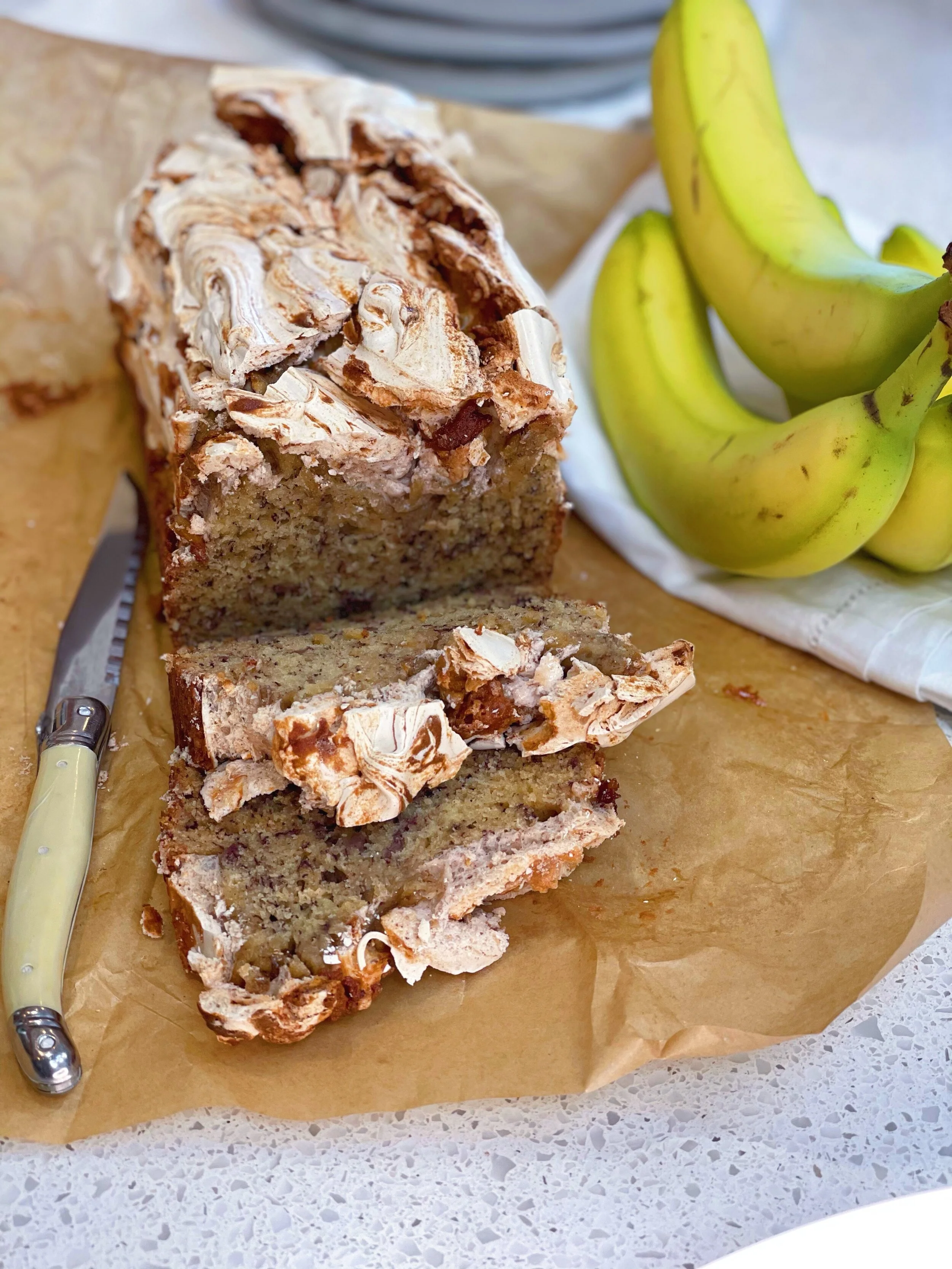 Banana Bread with Cinnamon Meringue Topping