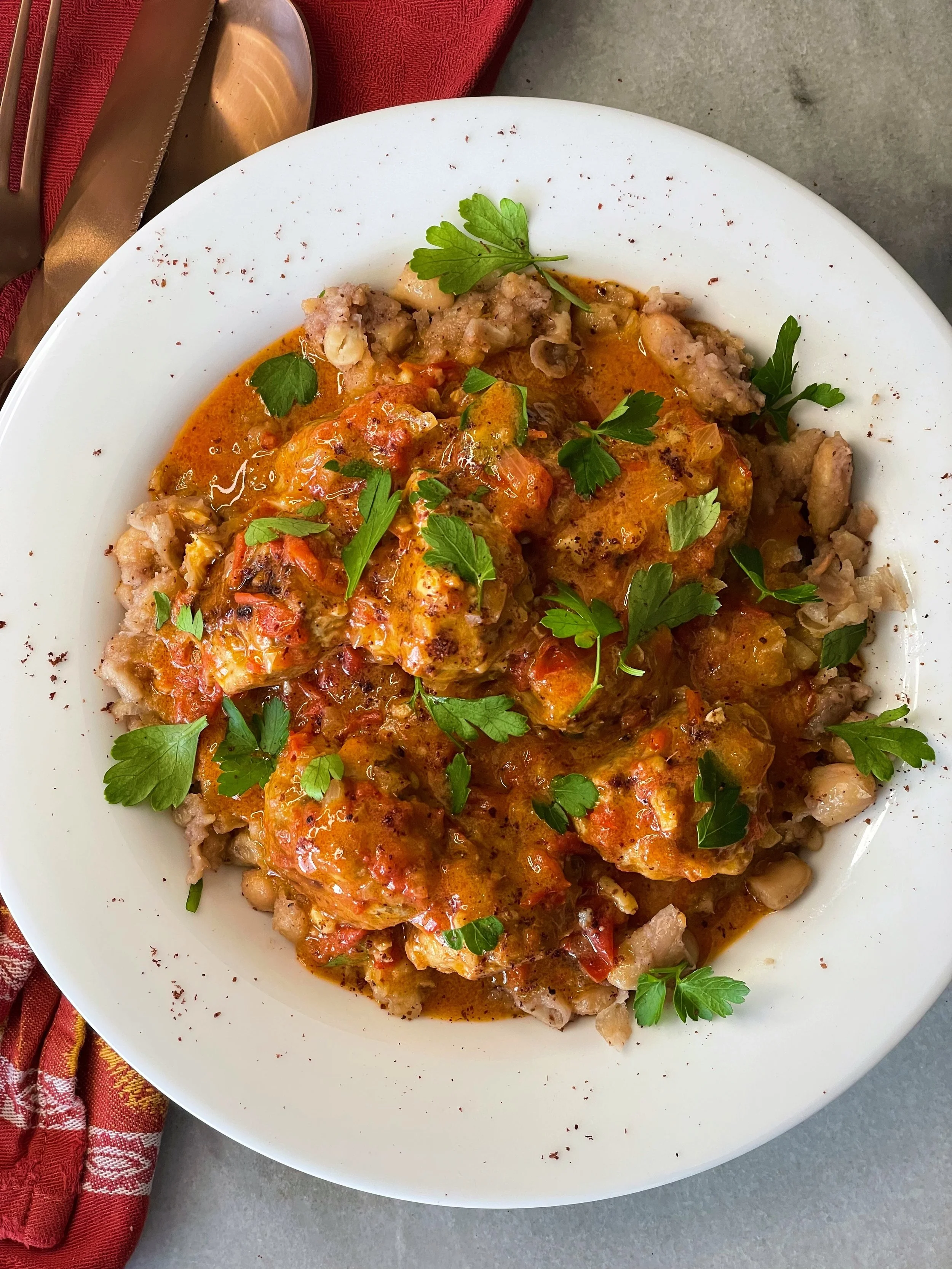 Chicken Harissa Meatballs with White Bean Mash