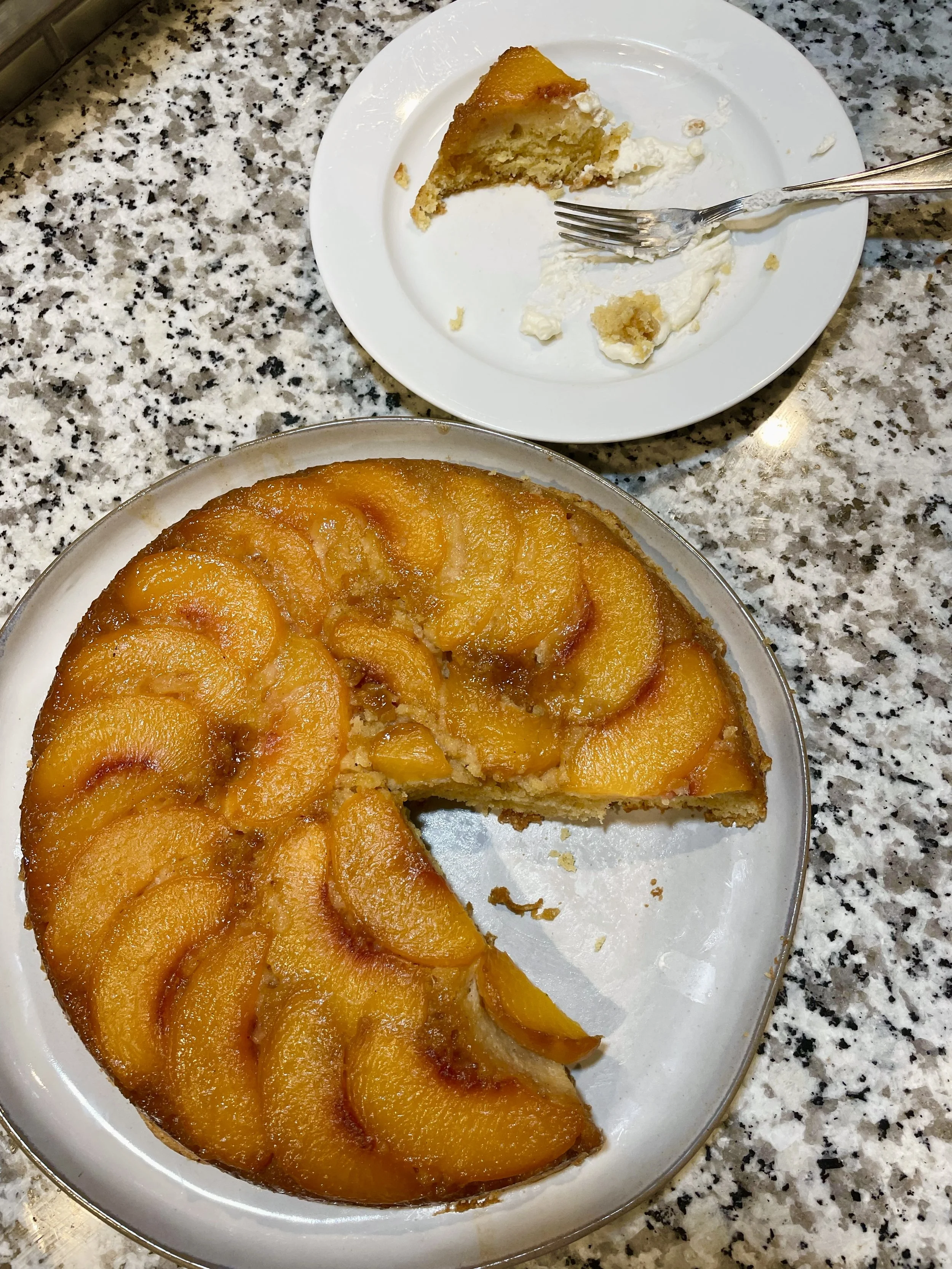 Peach Polenta Upside Down Cake with Bourbon Whipped Cream