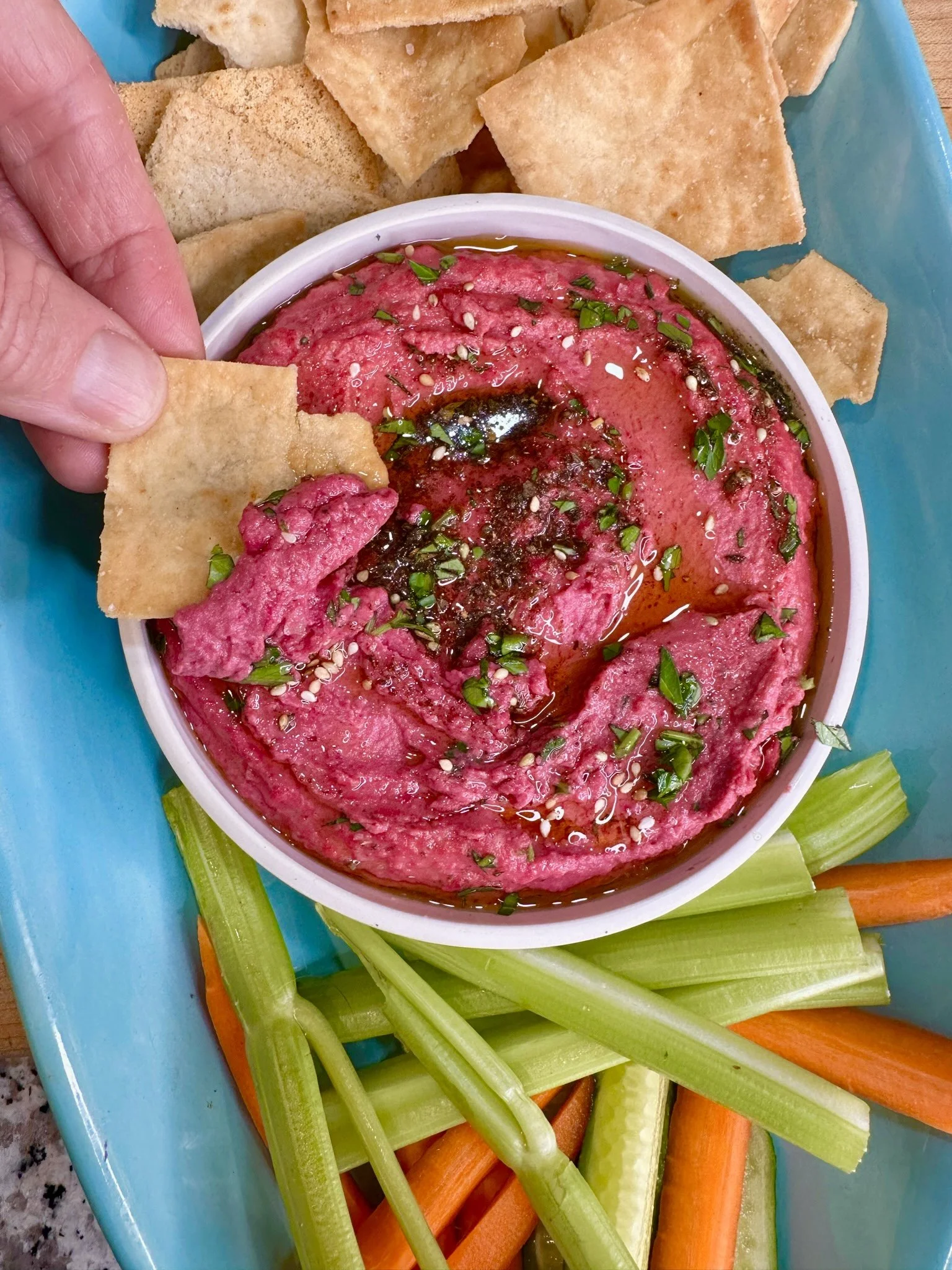 Beet Hummus and Homemade Pita Chips