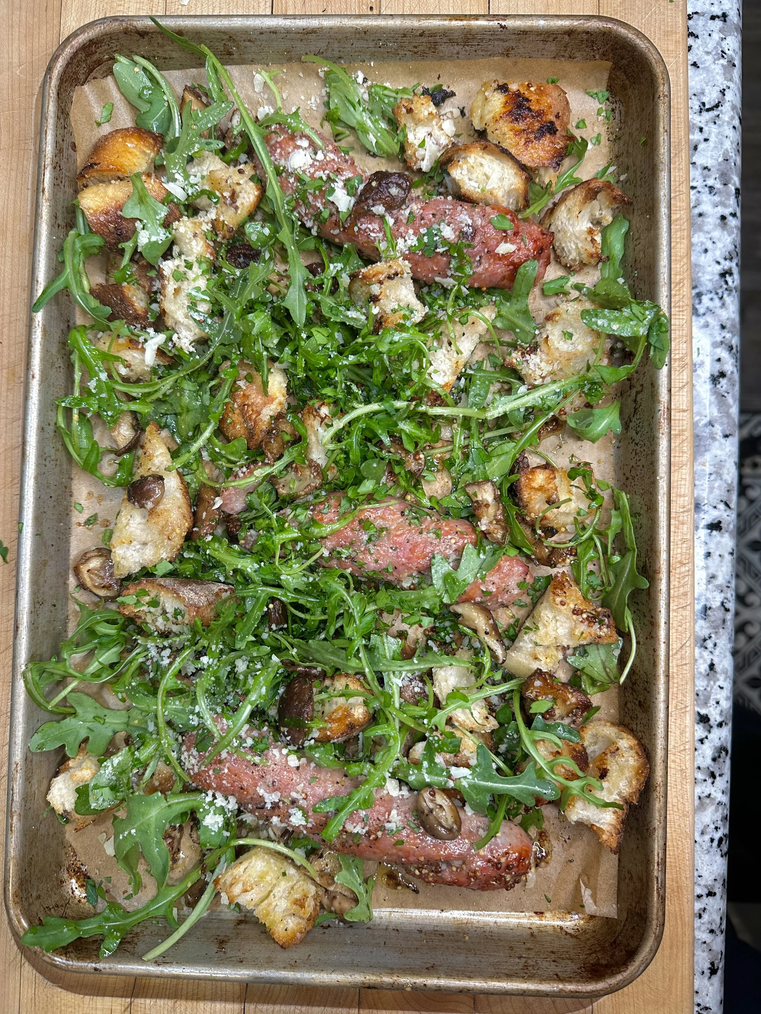 Sheet Pan Sausages and Mushrooms with Arugula and Croutons