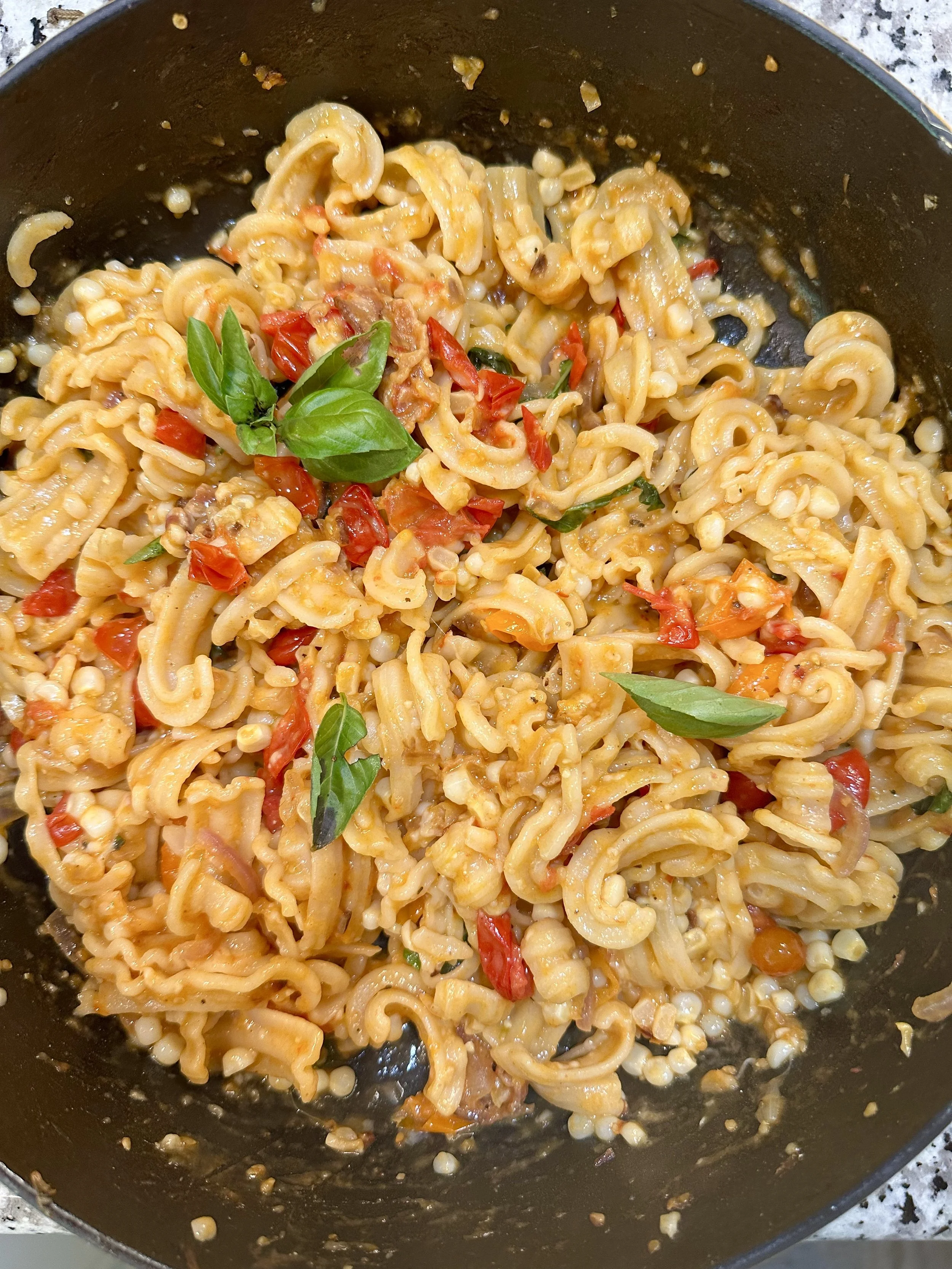 Pasta with Corn, Tomatoes, Bacon, and Basil