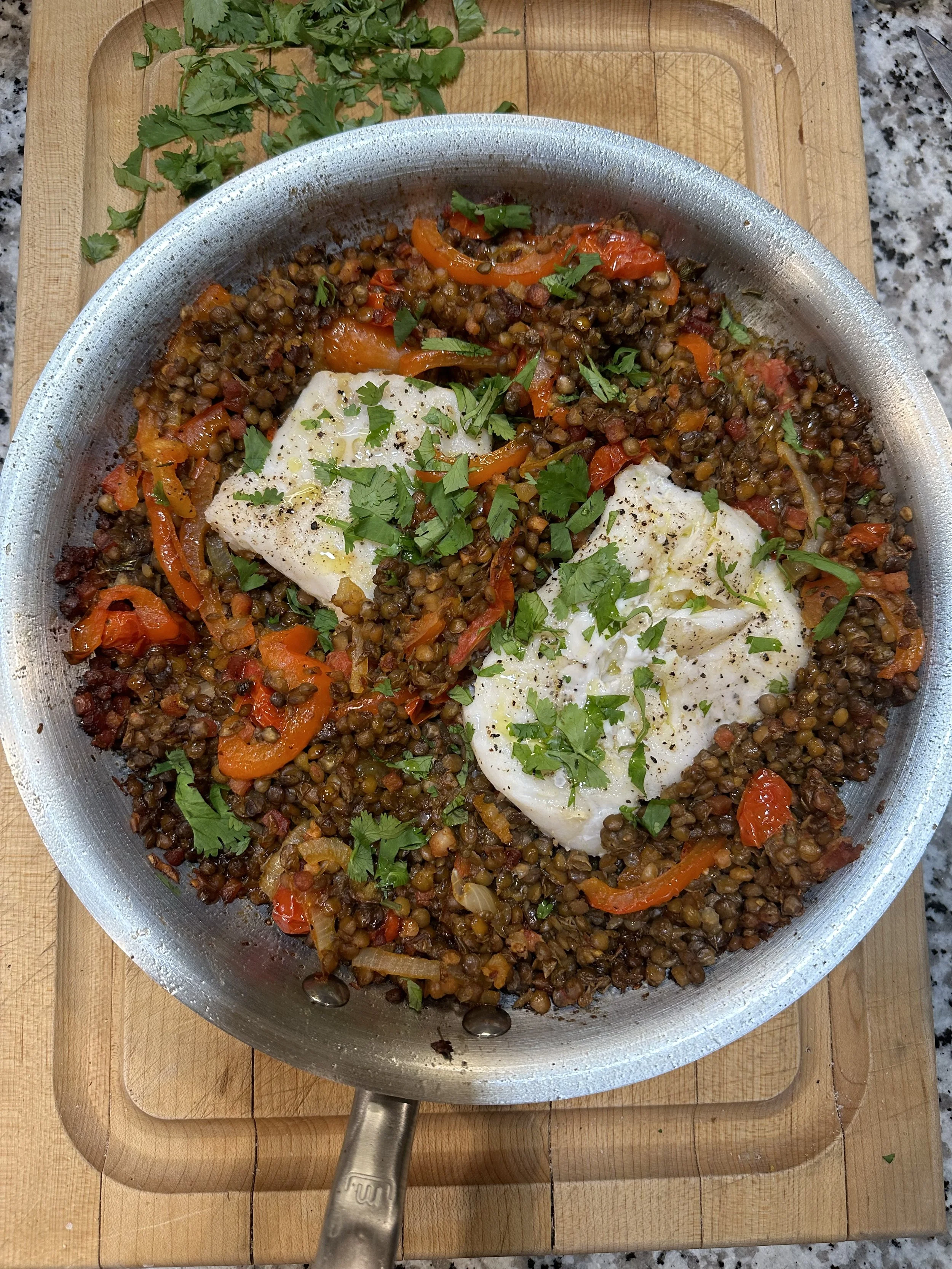 One Pan Cod with Smoky Harissa Lentils