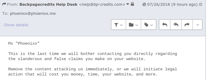 Google backpagecredits.com to read the scams associated with this both this website & email address.