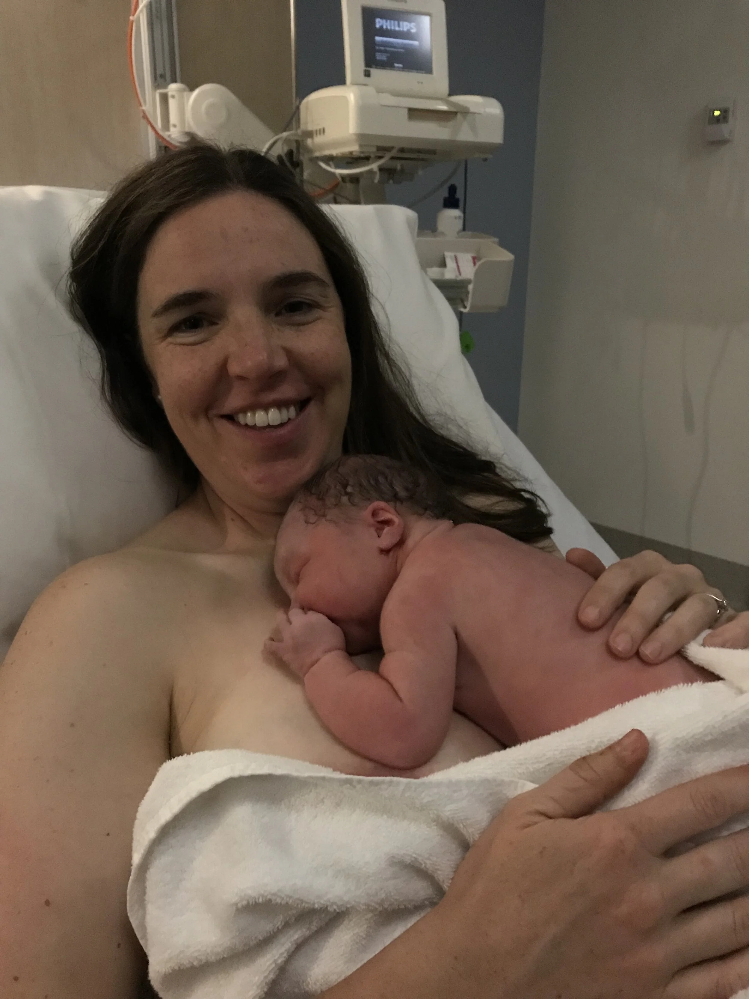 Megan and Audrey minutes after birth. Photo supplied by Megan.