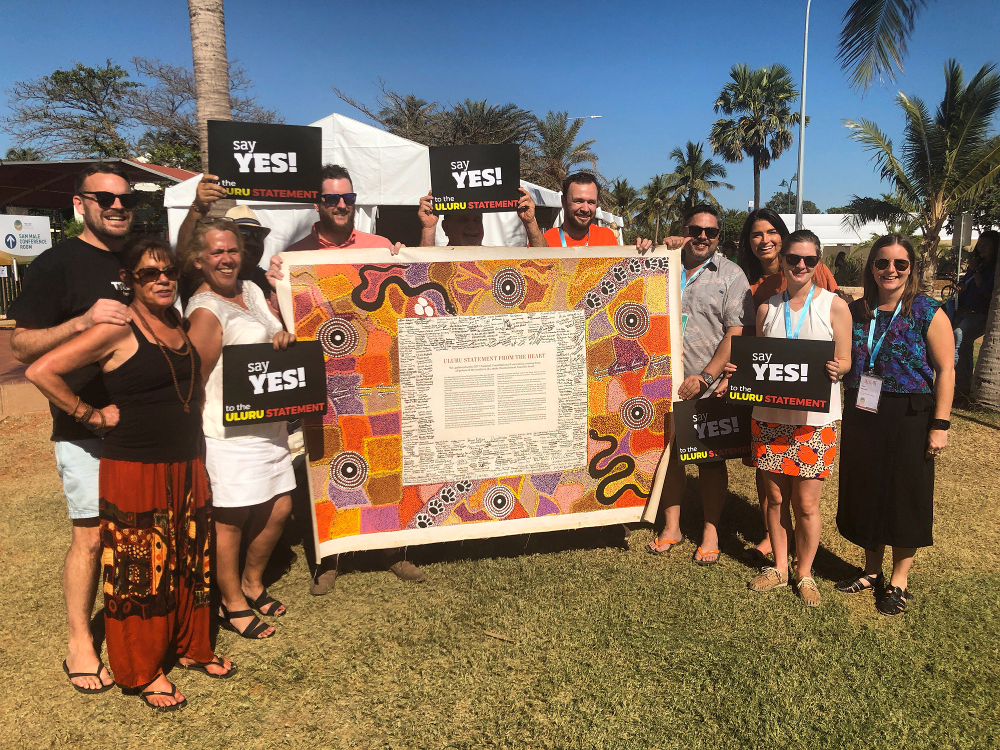 Federation Executive and Secretariat with Thomas Mayor and the Uluru Statement at the National Native Title Conference in Broome, June 2018.