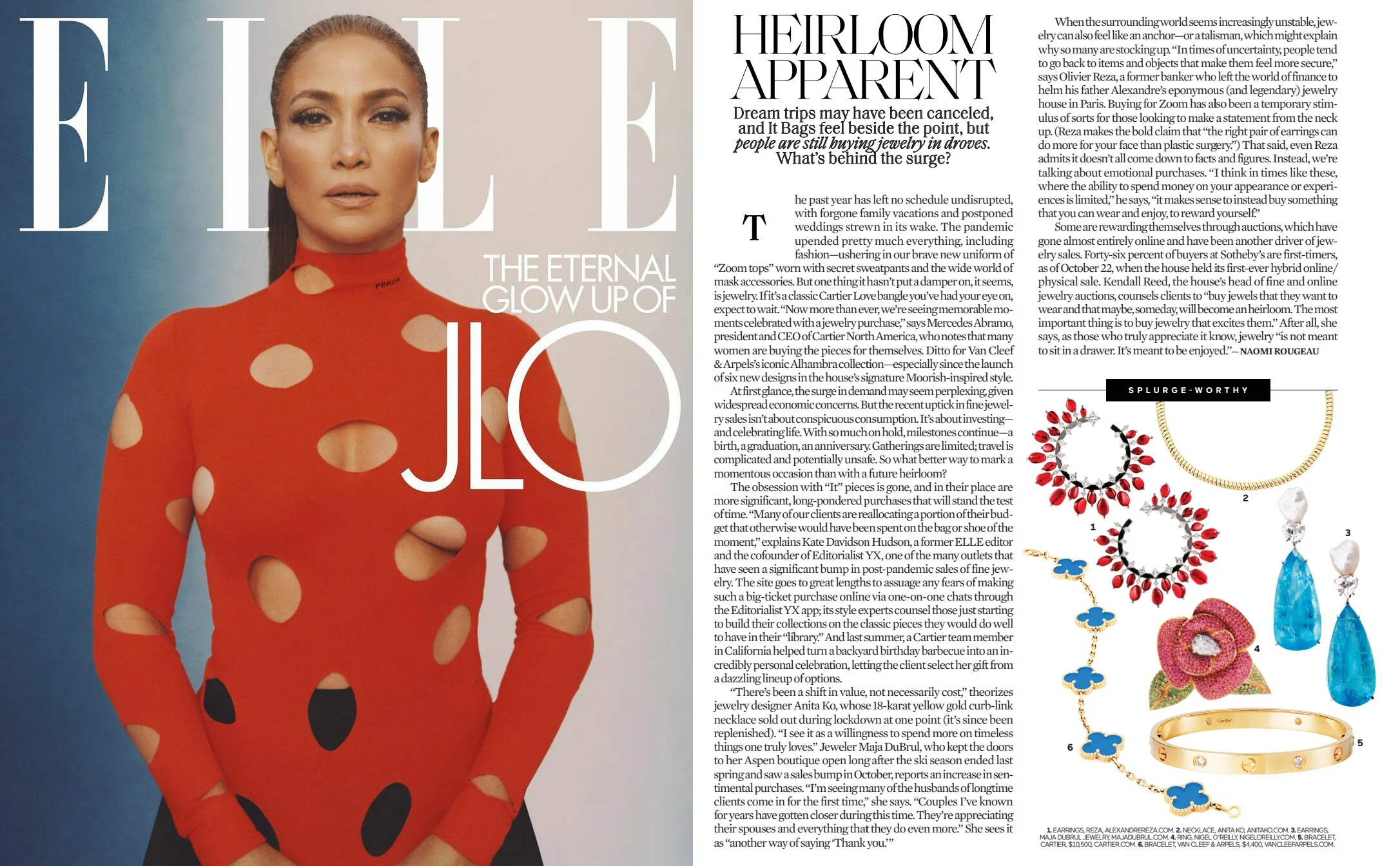 Feburary 2021, ELLE Magazine (US), Investment Jewelry editorial, by Naomi Rougeau, featuring Nigel O’Reilly’s fine jewelry at Sotheby’s Important Jewels Exhibition,