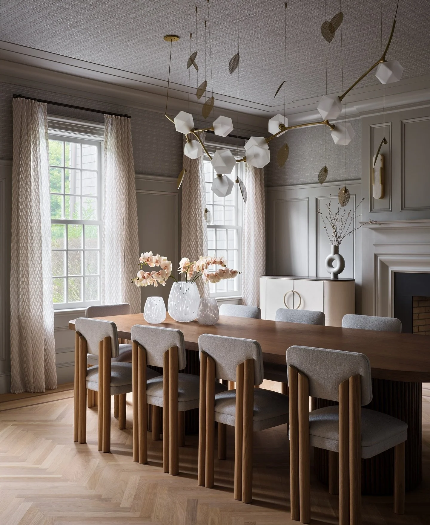 Our dining room in Wilton layers architectural detailing with textured wall coverings and sheer curtains to create an inviting space

Architecture: @carlyweismanarchitect 
Interior design: @ljidesign 
Photography : @kylejcaldwell