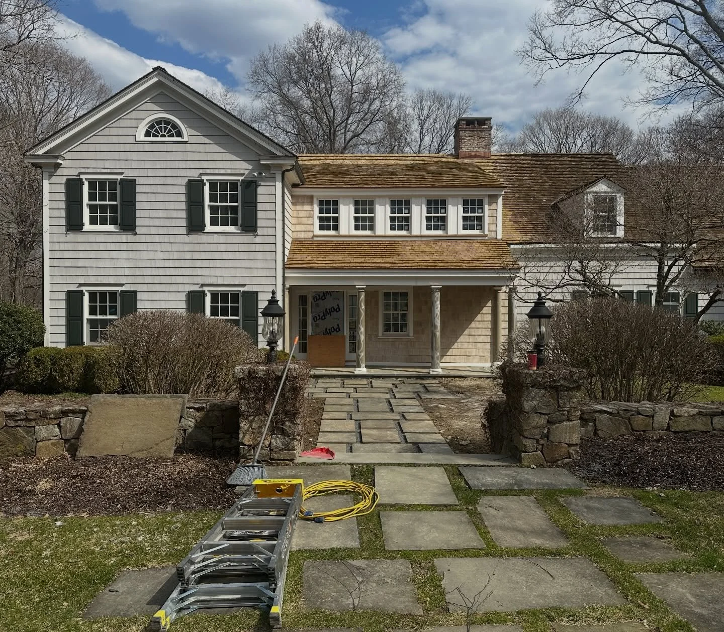 Swipe through to see the construction progression on the front facade of our New Canaan renovation. Almost time to paint!