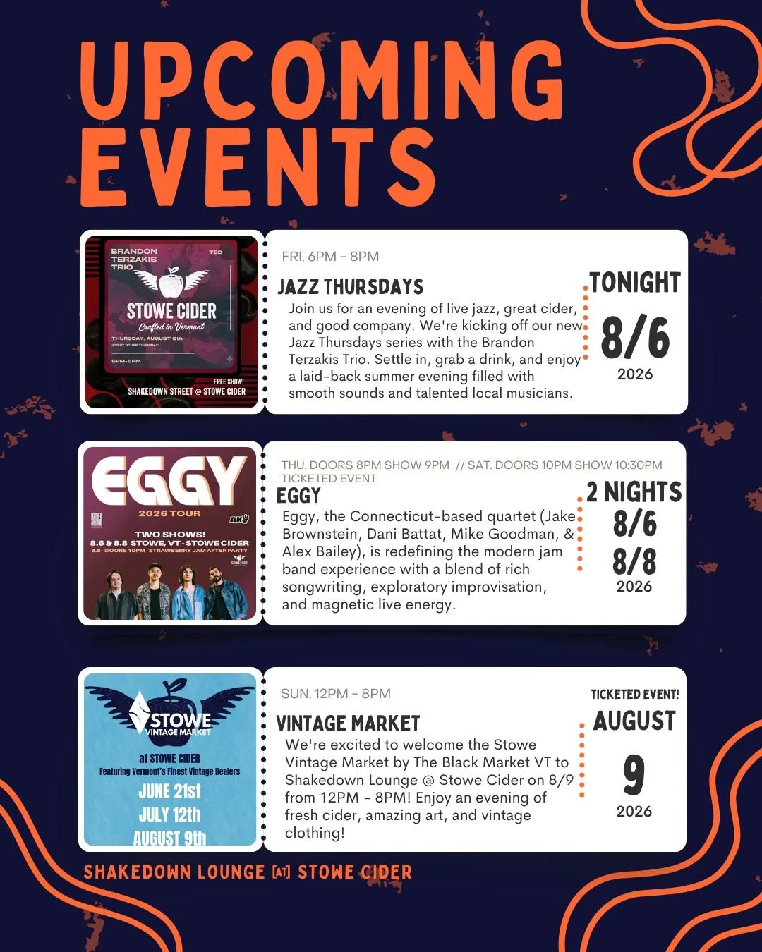 THIS WEEKEND @ SHAKEDOWN STREET: EGGY, JAZZ THURSDAY &amp; VINTAGE MARKET LIVE AT STOWE CIDER‼️

🎸 Two Nights of @eggymusic
🎸 Thursday August 6th &amp; Saturday August 8th
🎸 Time: Thursday - Doors 8pm // Music 9-11pm
🎸 Saturday - Doors 10pm // Mu