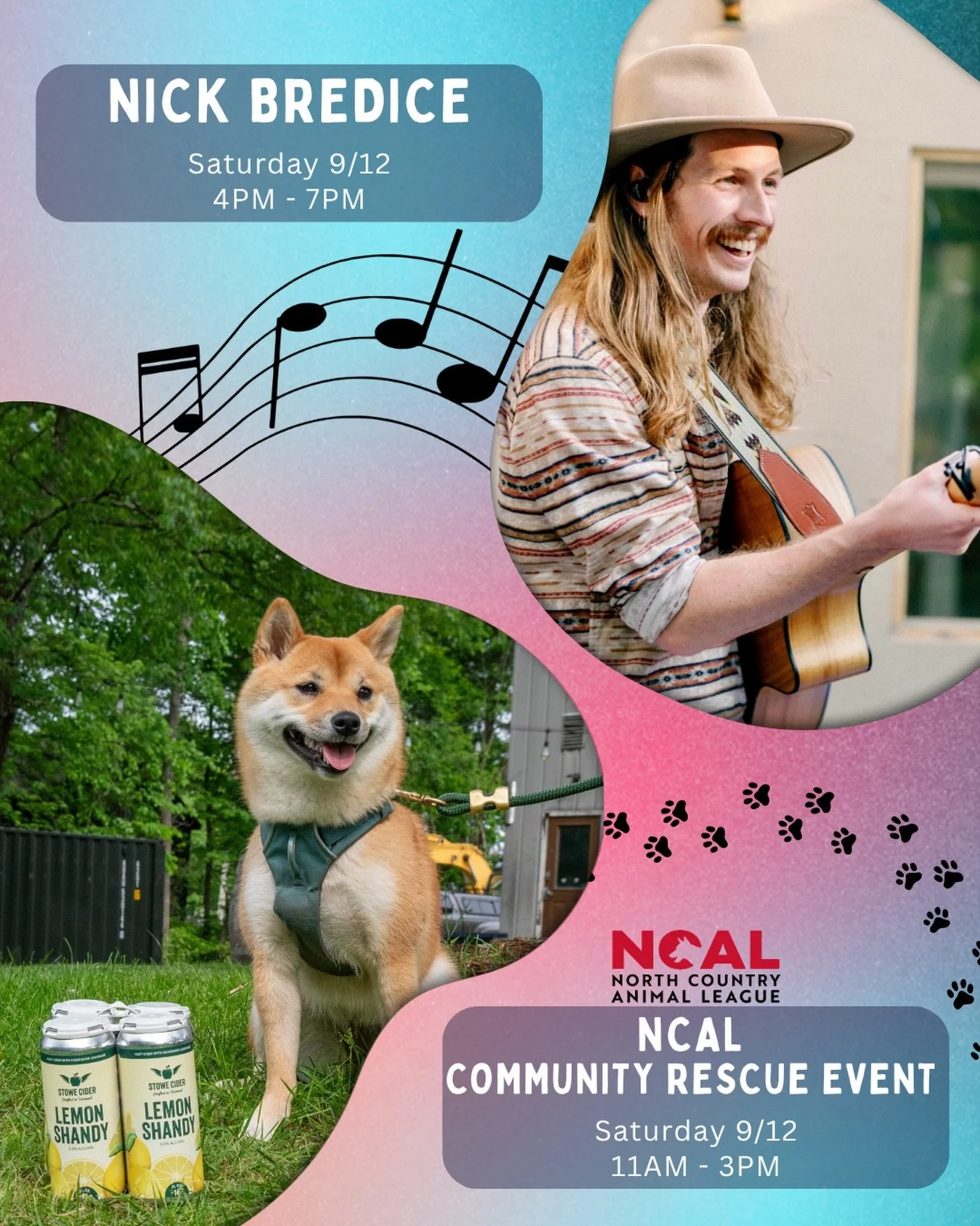 THIS WEEKEND @ SHAKEDOWN STREET: CIDER SATURDAY WITH NICK BREDICE &amp; NORTH COUNTRY ANIMAL LEAGUE COMMUNITY RESCUE EVENT‼️

🎸 @nickbredicemusic 
🎸 Date: Saturday Sept. 12th 2026
🎸 Time: 4-7pm
🎸 Location: Shakedown Lounge @ Stowe Cider

🐶 @nort