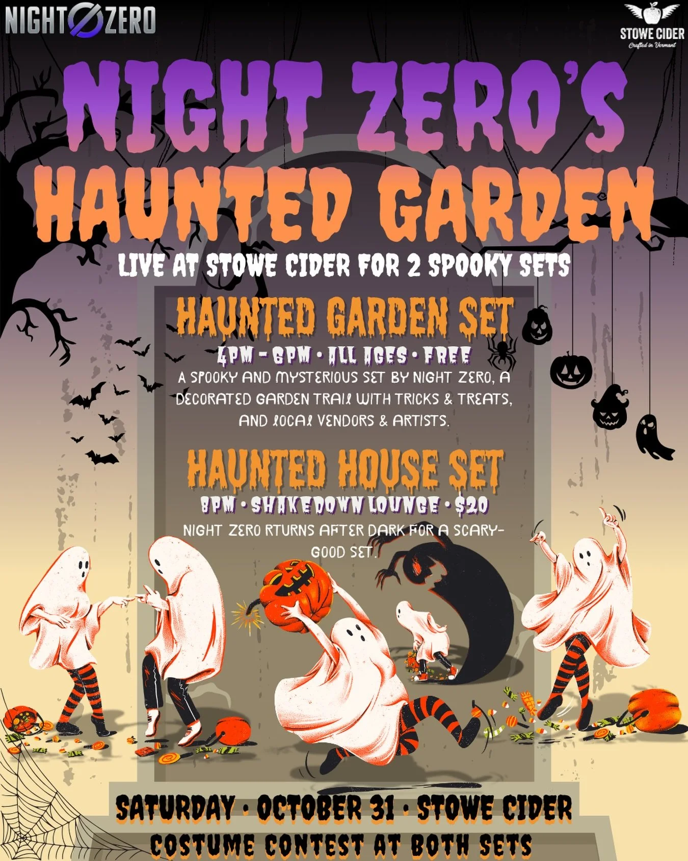 SHOW ANNOUNCEMENT: NIGHT ZERO&rsquo;S HAUNTED GARDEN HALLOWEEN PARTY SATURDAY OCTOBER 31ST LIVE AT STOWE CIDER - TWO SHOWS‼️👻🎃

@nightzeroband joins us for two scary-good shows this Halloween live at Stowe Cider! First set takes place outside in ou