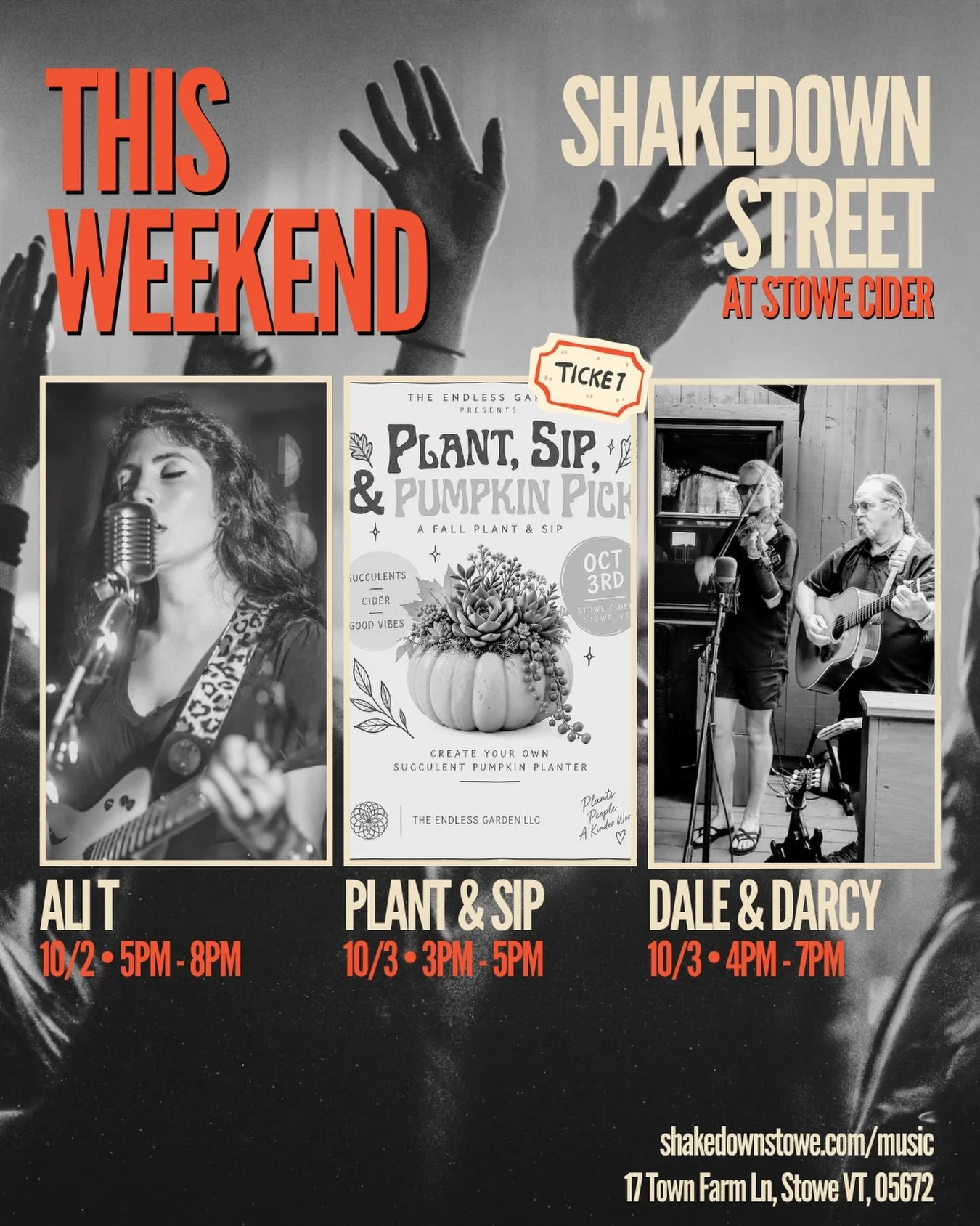 THIS WEEKEND @ SHAKEDOWN STREET: LIVE MUSIC FRIDAY WITH ALI T &amp; SATURDAY WITH DALE &amp; DARCY, PLUS A PLANT, SIP AND PUMPKIN PICK‼️

🎸 Friday Night Music with Ali T
🎸 Date: Friday October 2nd
🎸 Time: 5-8pm
🎸 Location: Stowe Cider Taproom

🎶