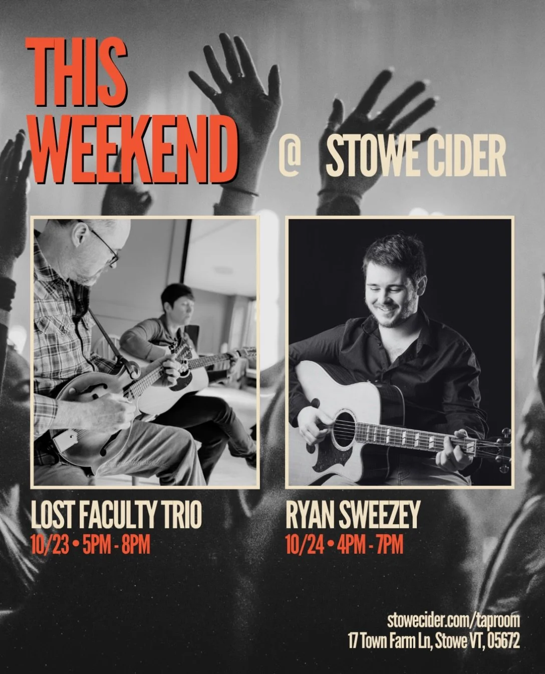 FREE LIVE MUSIC THIS WEEKEND: THE LOST FACULTY TRIO FRIDAY 10/23 &amp; RYAN SWEEZEY SATURDAY 10/24‼️

🎸 @thelostfaculty Trio
🎸 Date: Friday October 23rd
🎸 Time: 5-8pm
🎸 Location: Stowe Cider Taproom

More info: https://www.stowecider.com/fulleven