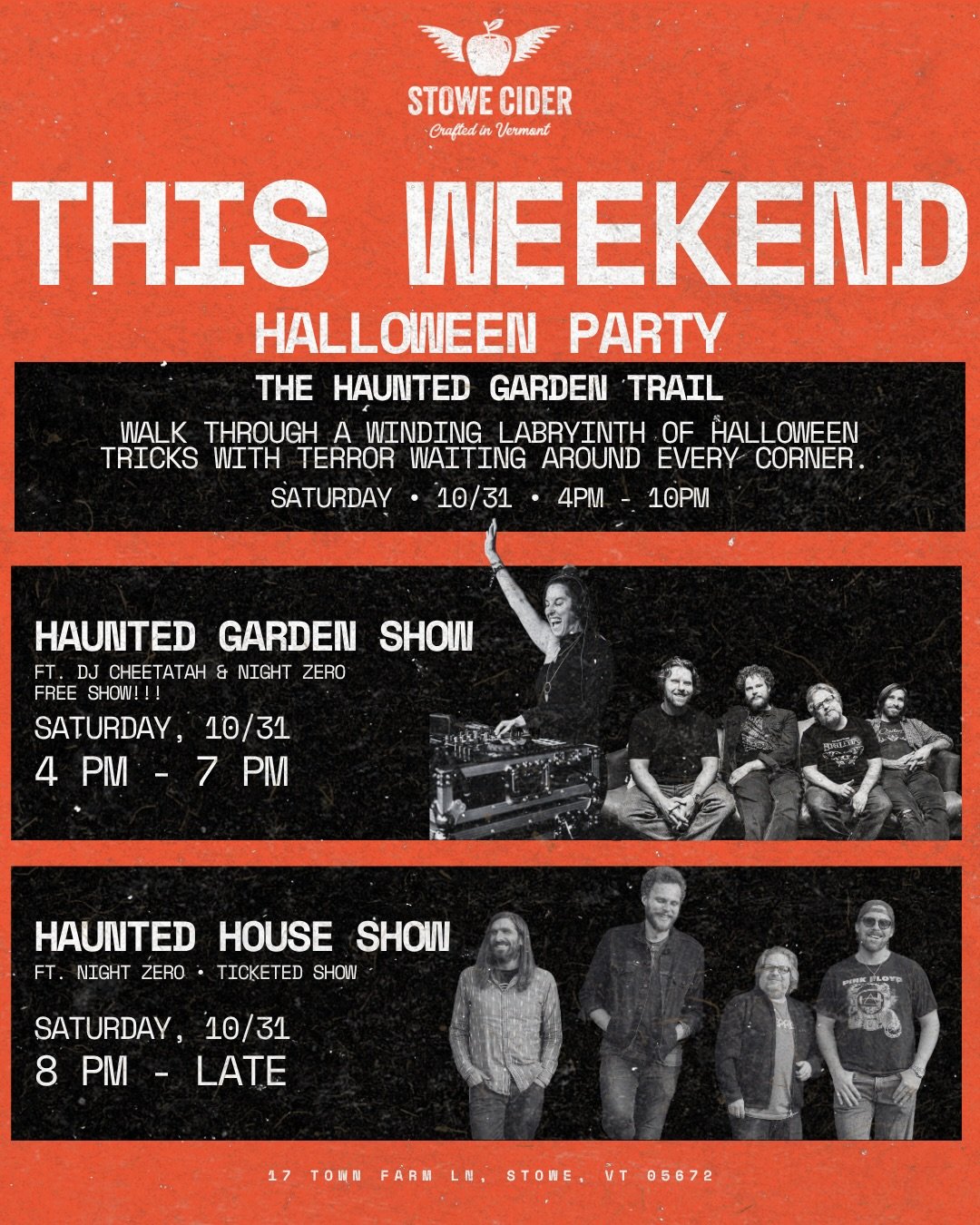 THIS WEEKEND @ STOWE CIDER: HALLOWEEN PARTY, HAUNTED GARDEN TRAIL, AND LIVE MUSIC FEATURING NIGHT ZERO &amp; DJ CHEETATAH THIS SATURDAY OCTOBER 31ST‼️ Check out the full schedule of events on slide 2.

Here&rsquo;s everything you can expect this Satu