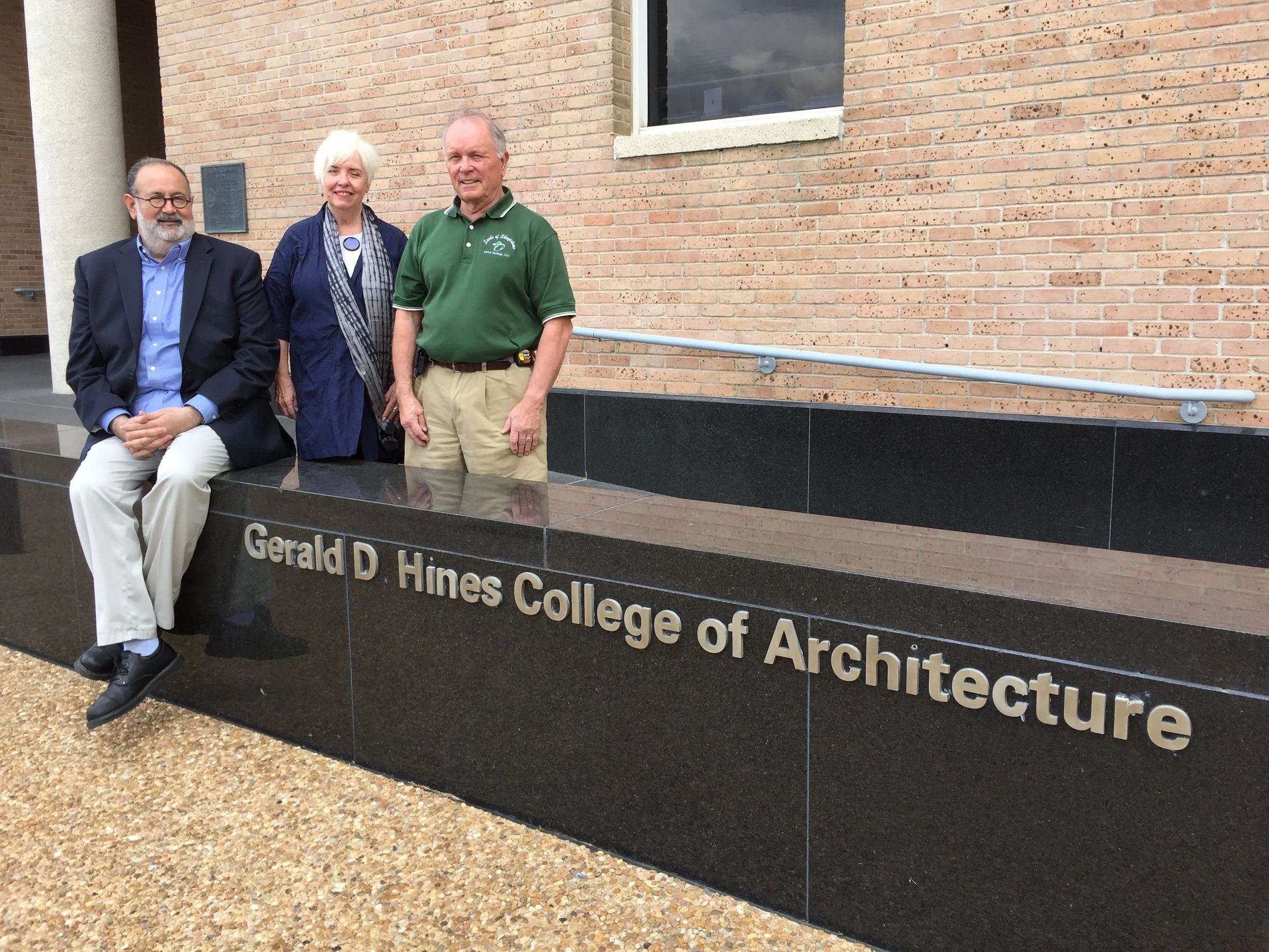   University of Houston Architecture Professor Rafael Longoria and Dean Patricia Oliver with Michael Prentice prior to the start of the Sharpstown Prize for Architecture competition.  