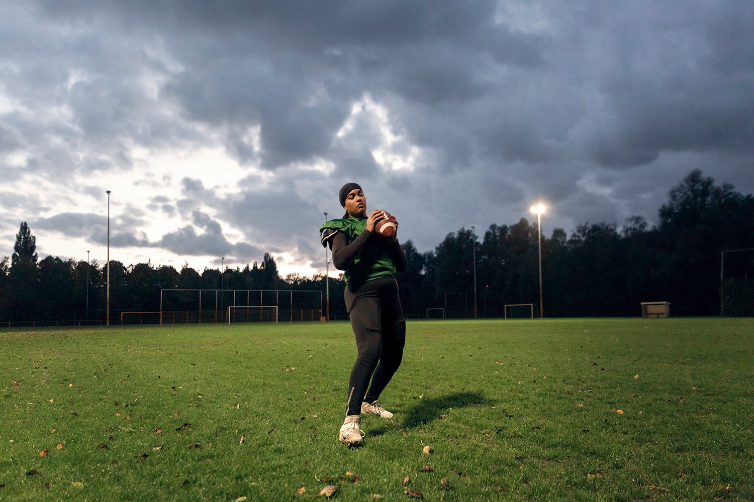  Lisa, a tight end for the Rotterdam Ravens, during practice, Rotterdam, NL, 2020. At the time, the Cats were the only QFL team who had access to dedicated American football facilities — the field belonging to the Crusaders, Amsterdam's male American